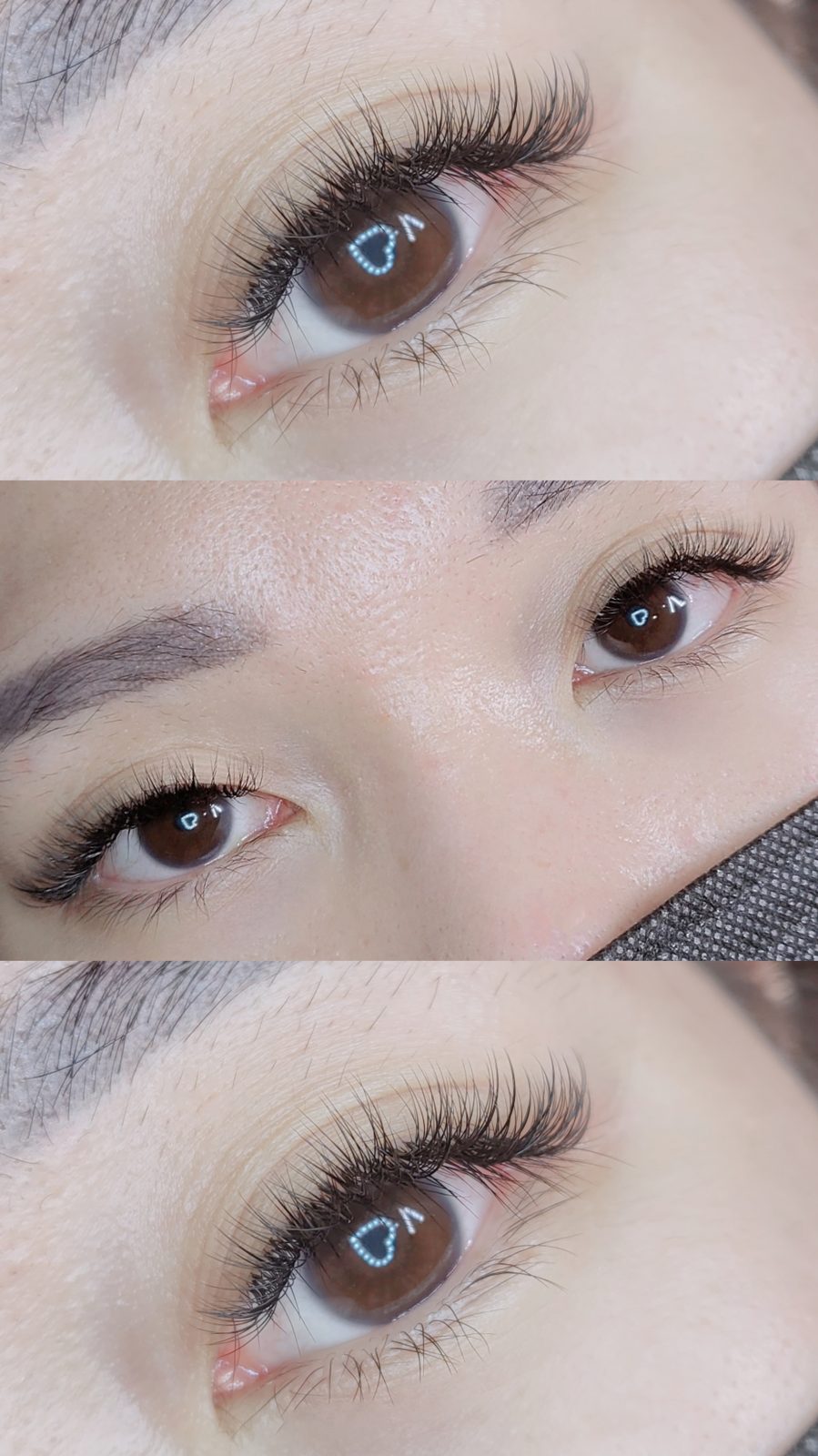 One lash set photographed from three angles